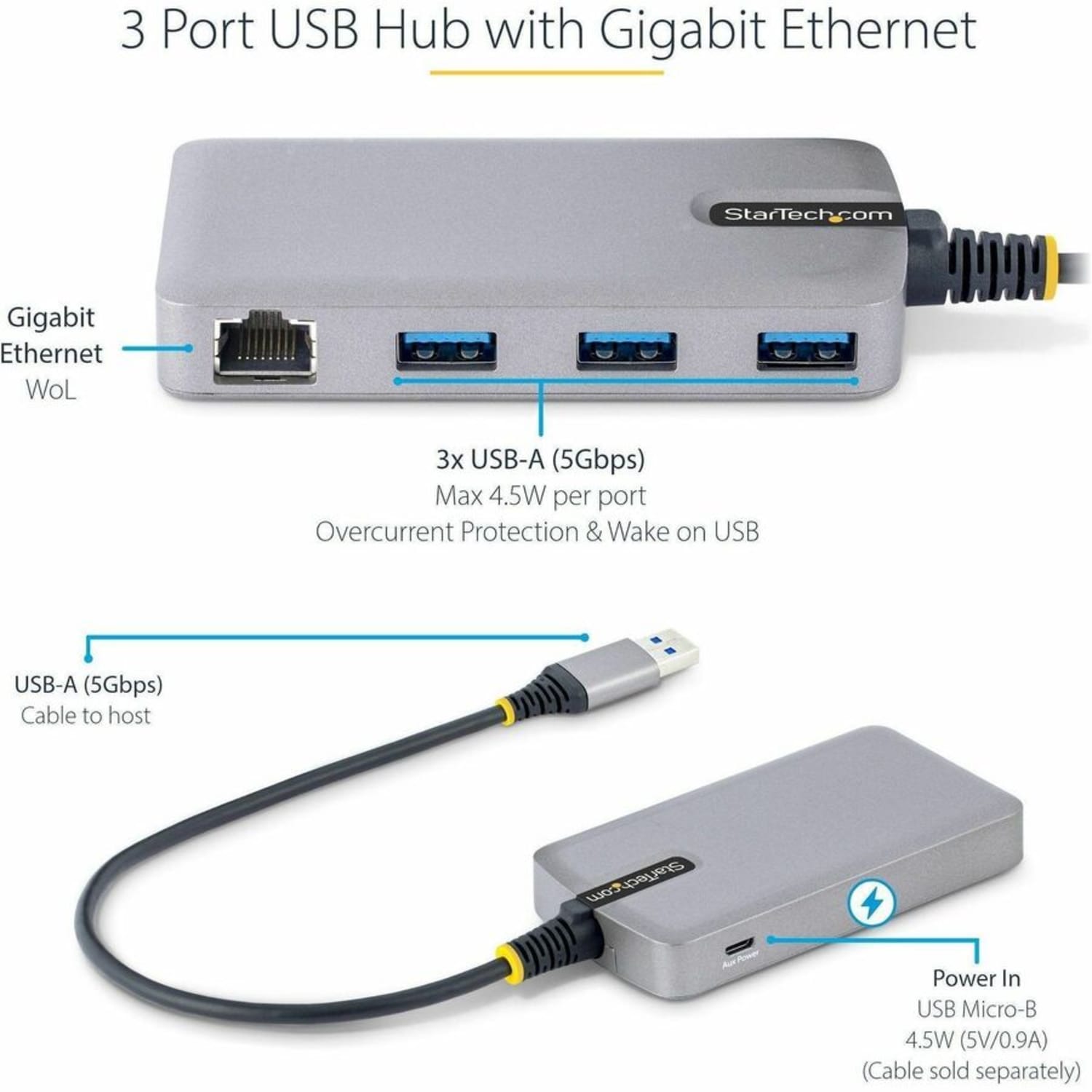StarTech.com 3-Port USB Hub with Ethernet, USB-A Ports, Gigabit Ethernet/GbE, 5Gbps, Bus-Powered, 1ft/30cm Cable, Portable Laptop USB Hub - Image 3