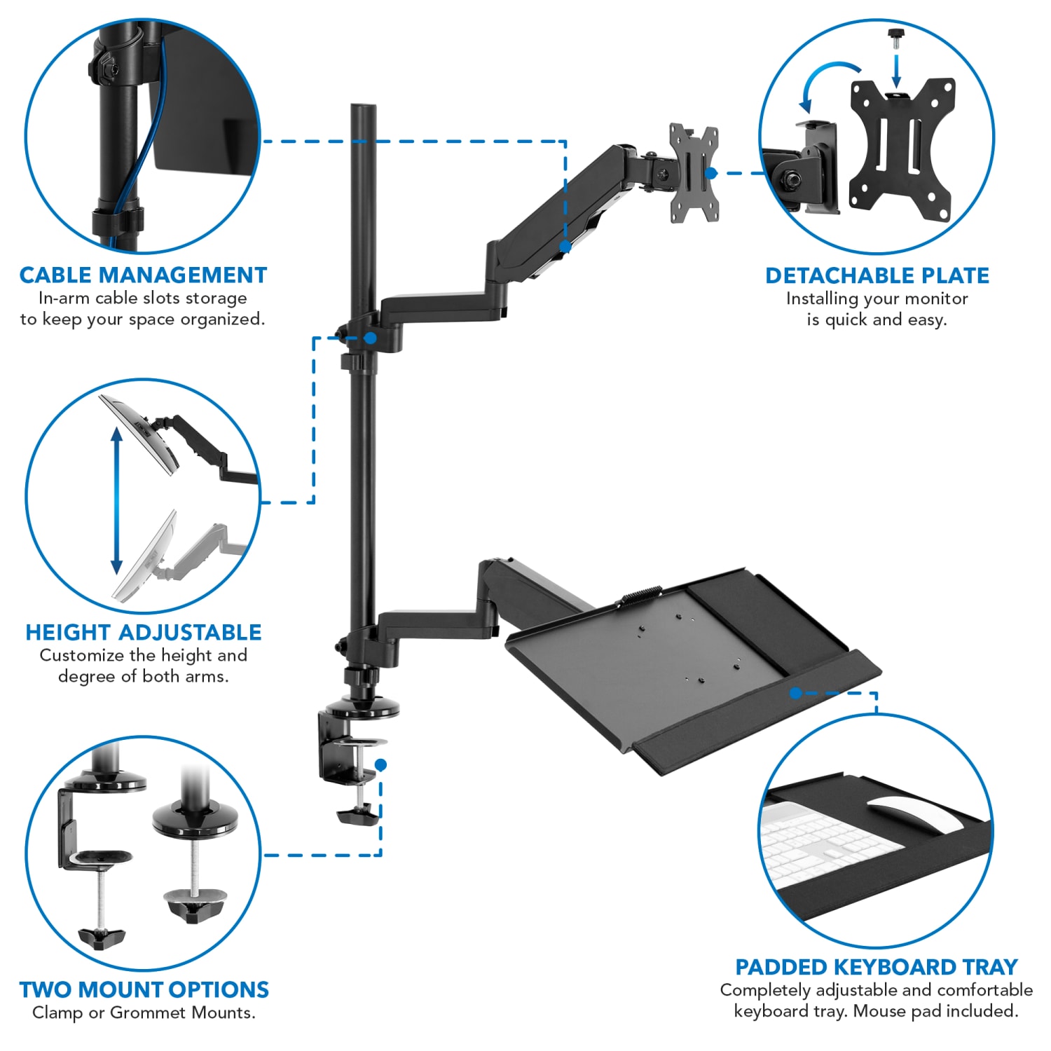 Mount-It! Single 32in Monitor Sit-Stand Desk Mount with Keyboard Tray, Black - Image 3