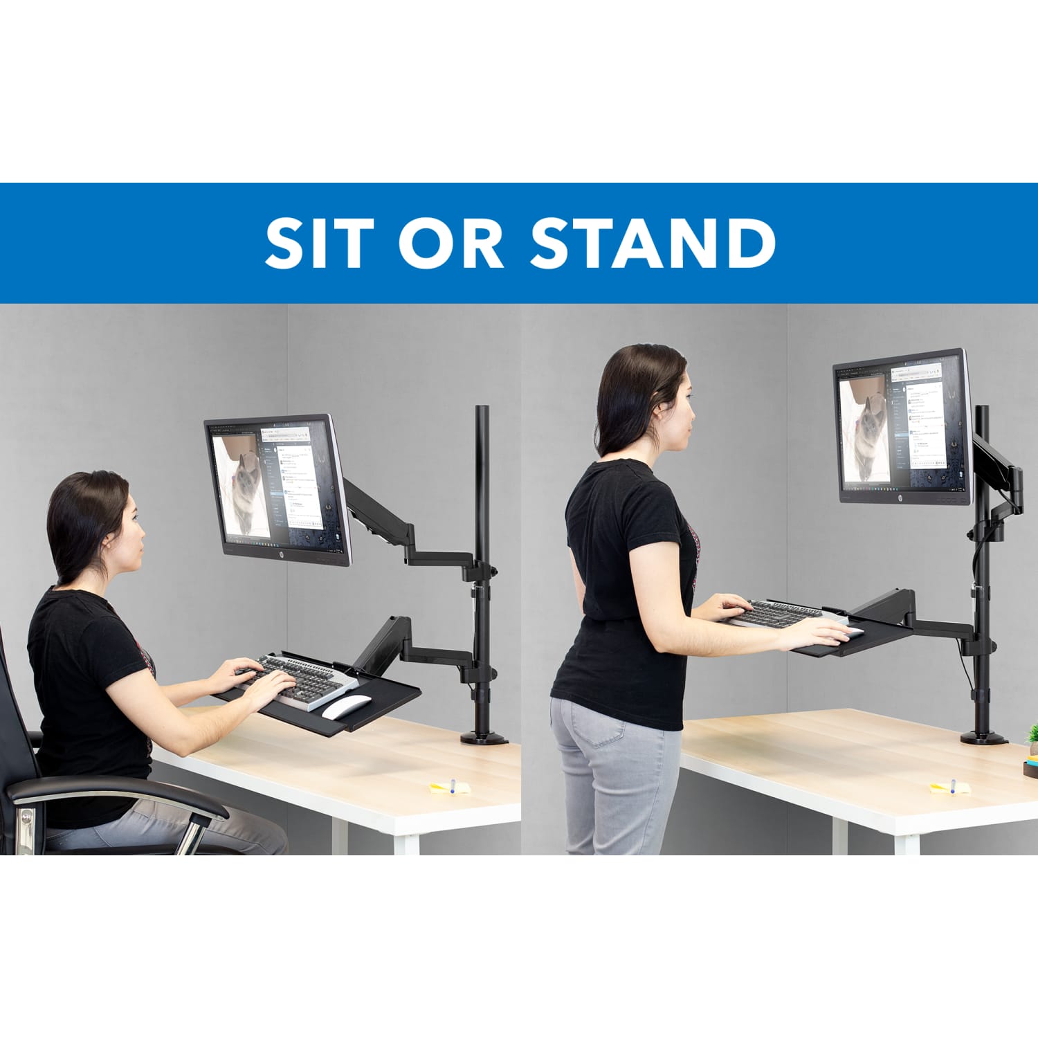 Mount-It! Single 32in Monitor Sit-Stand Desk Mount with Keyboard Tray, Black - Image 4