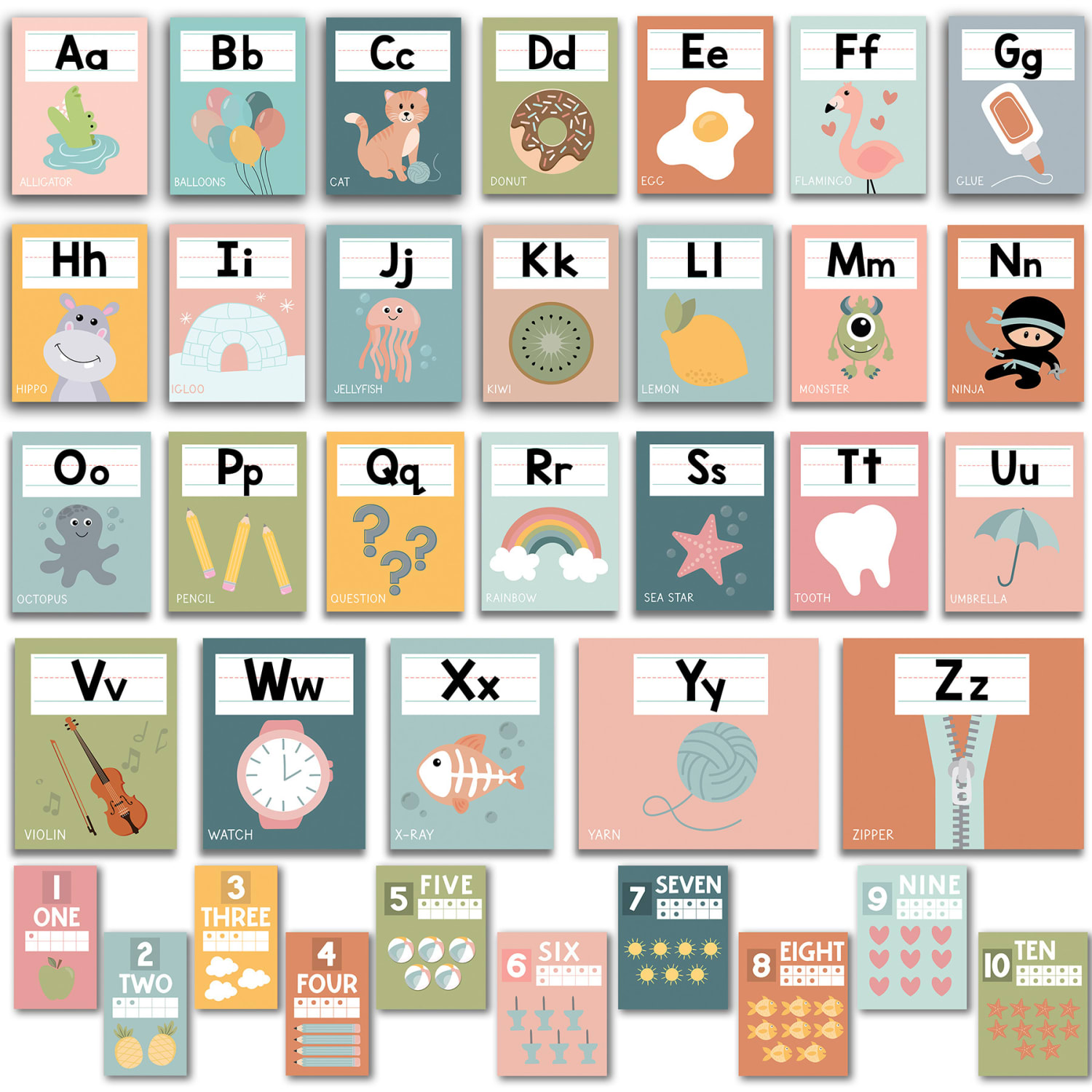 Hadley Designs Boho Muted Number Line and Alphabet Letters For Classroom Wall, Set Of 12