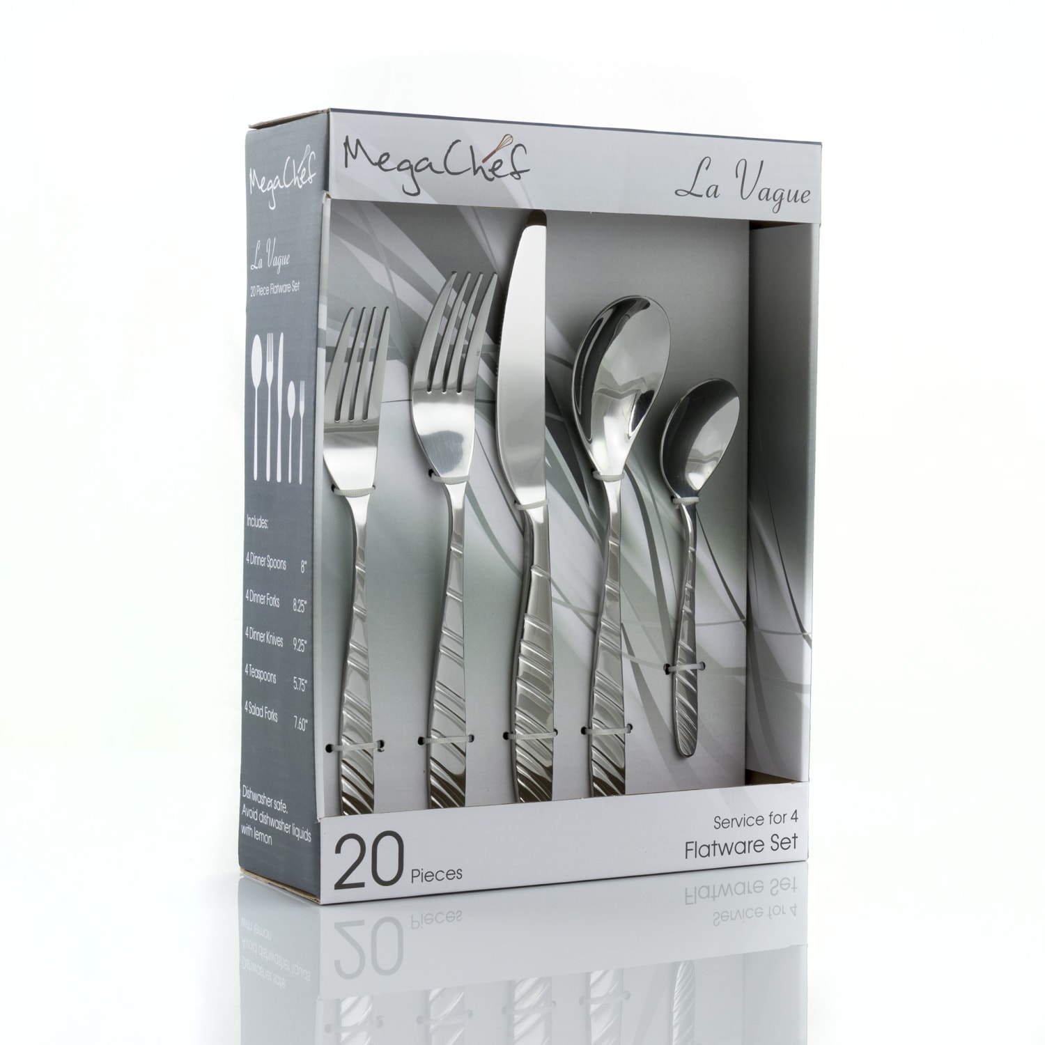 MegaChef La Vague 20-Piece Stainless-Steel Flatware Set, Silver - Image 3