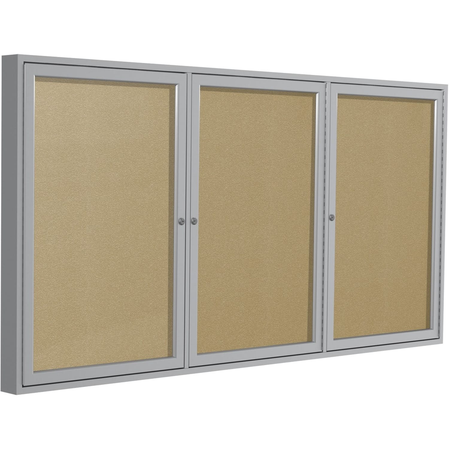 Ghent 3 Door Enclosed Vinyl Bulletin Board with Satin Frame - 48in Board x 96in Board- Caramel Vinyl Surface - PA34896VX181