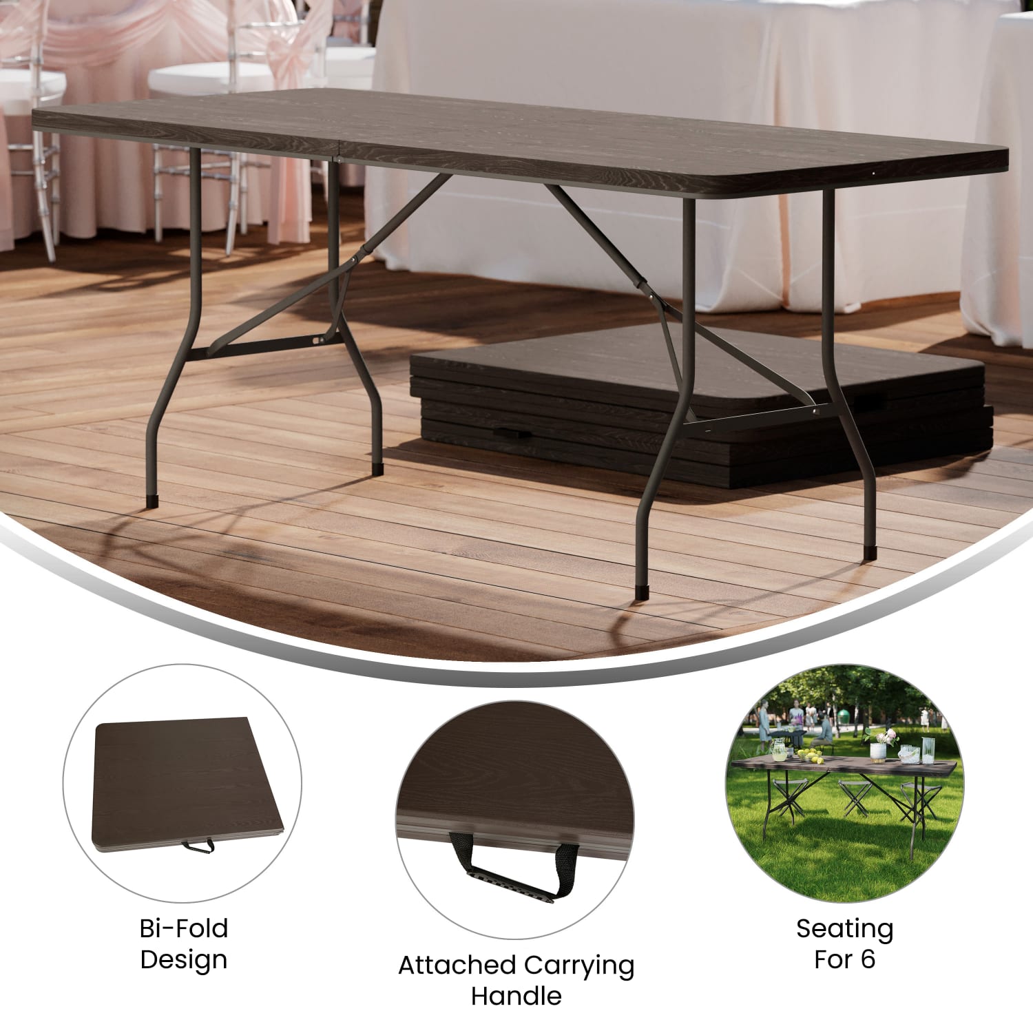 Flash Furniture Elijah 6-Foot Bi-Fold Brown Wood Grain Plastic Folding Table with Carrying Handle, Brown - Image 5