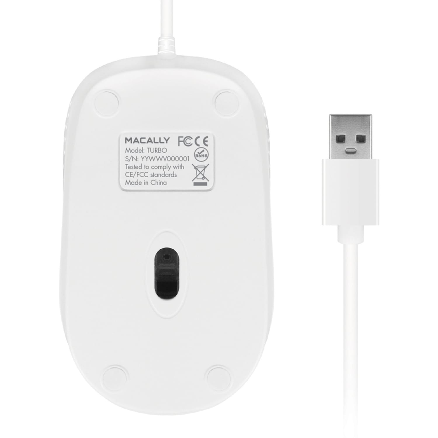 Macally 3 Button Optical USB Wired Mouse for Mac and PC - Optical - Cable - White - USB - 1000 dpi - Scroll Wheel - 3 Button(s) - Symmetrical - 1 - Image 3