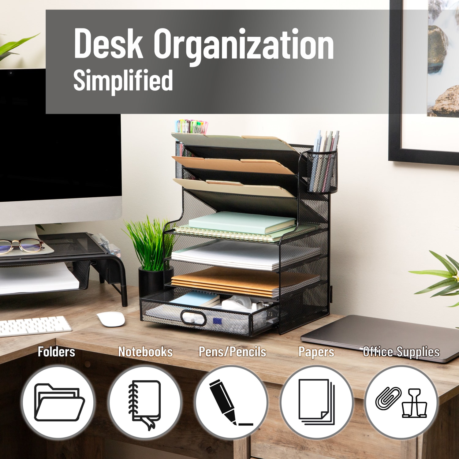 Mind Reader 6-Compartment Mesh Desk Organizer, 16inH x 9inW x 17-1/4inD, Black - Image 3