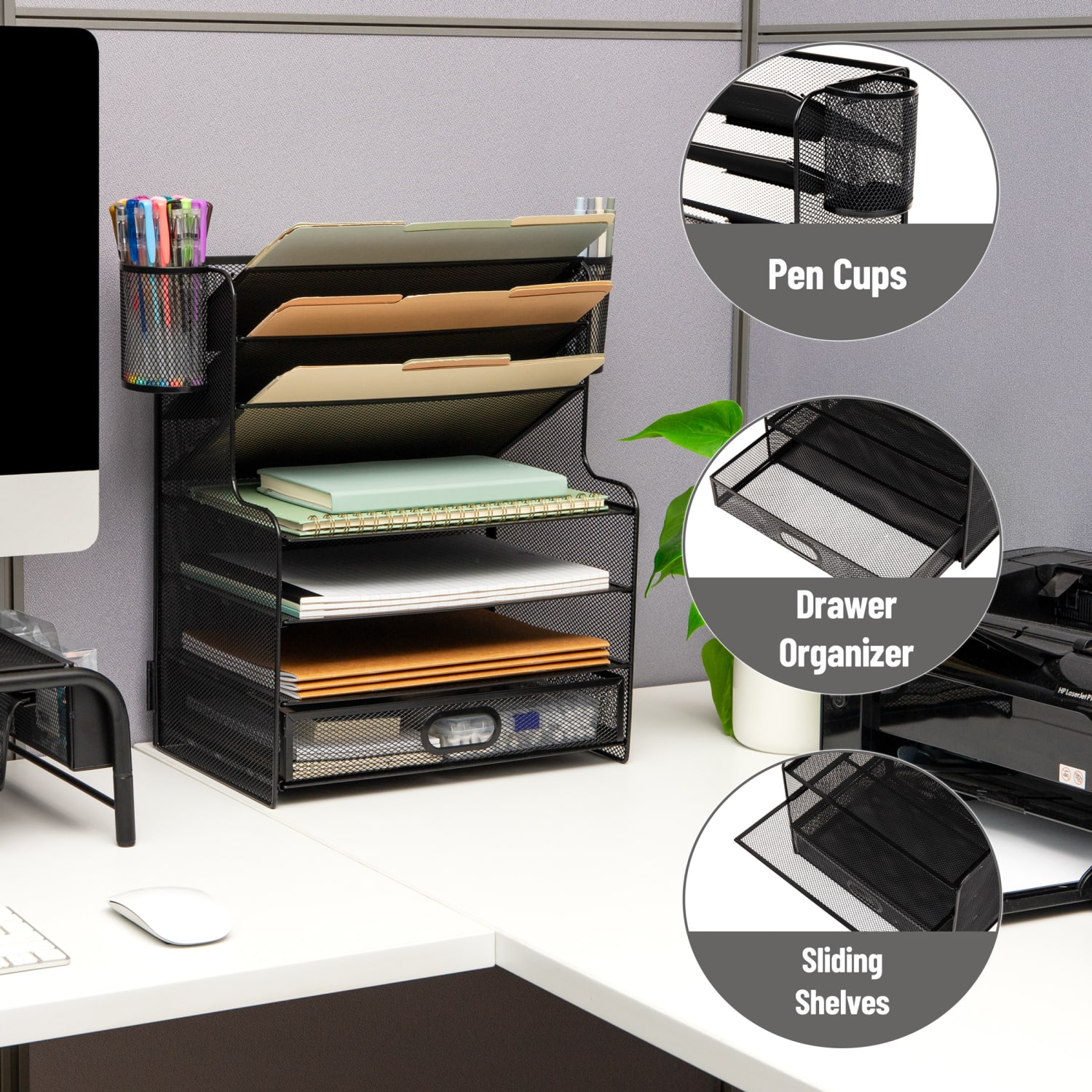 Mind Reader 6-Compartment Mesh Desk Organizer, 16inH x 9inW x 17-1/4inD, Black - Image 5