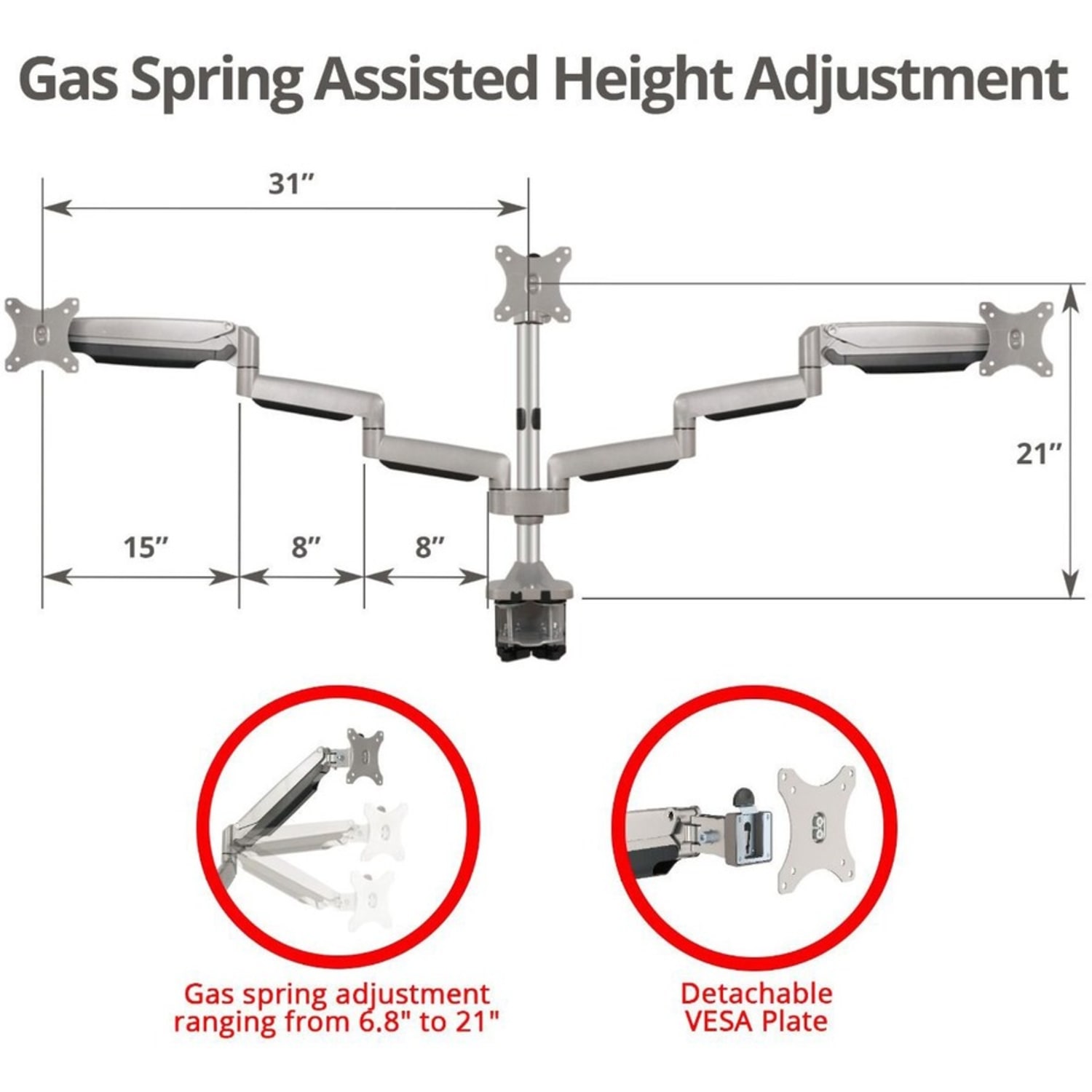 SIIG Triple Monitor Aluminum Gas Spring Desk Mount - Full Motion Articulating Mount - Fits 13in to 32in - VESA Compatible - Image 3