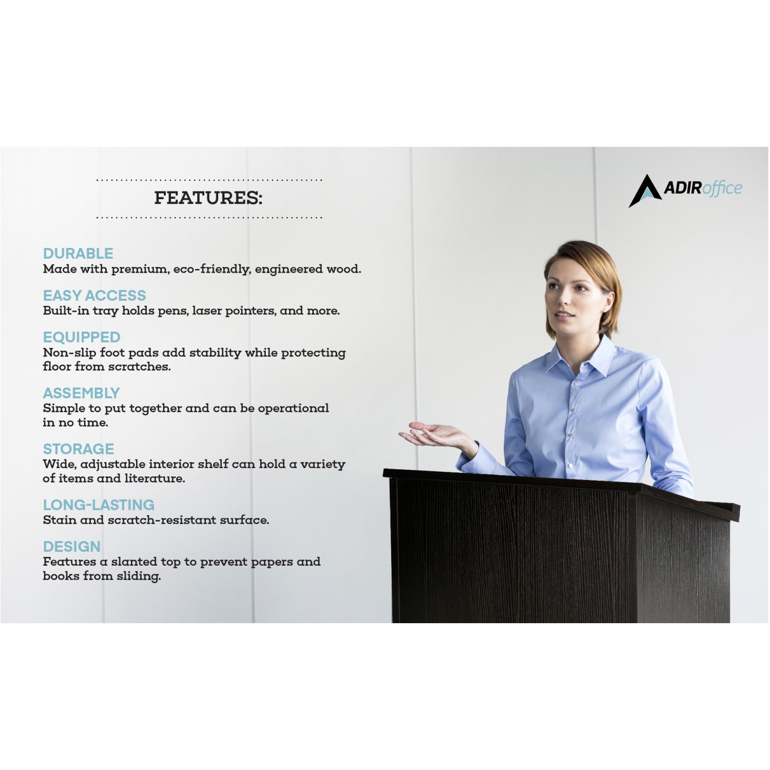 Alpine AdirOffice Stand-Up Floor Podium Lectern, 45-13/16inH x 23inW x 15inD, Black - Image 4