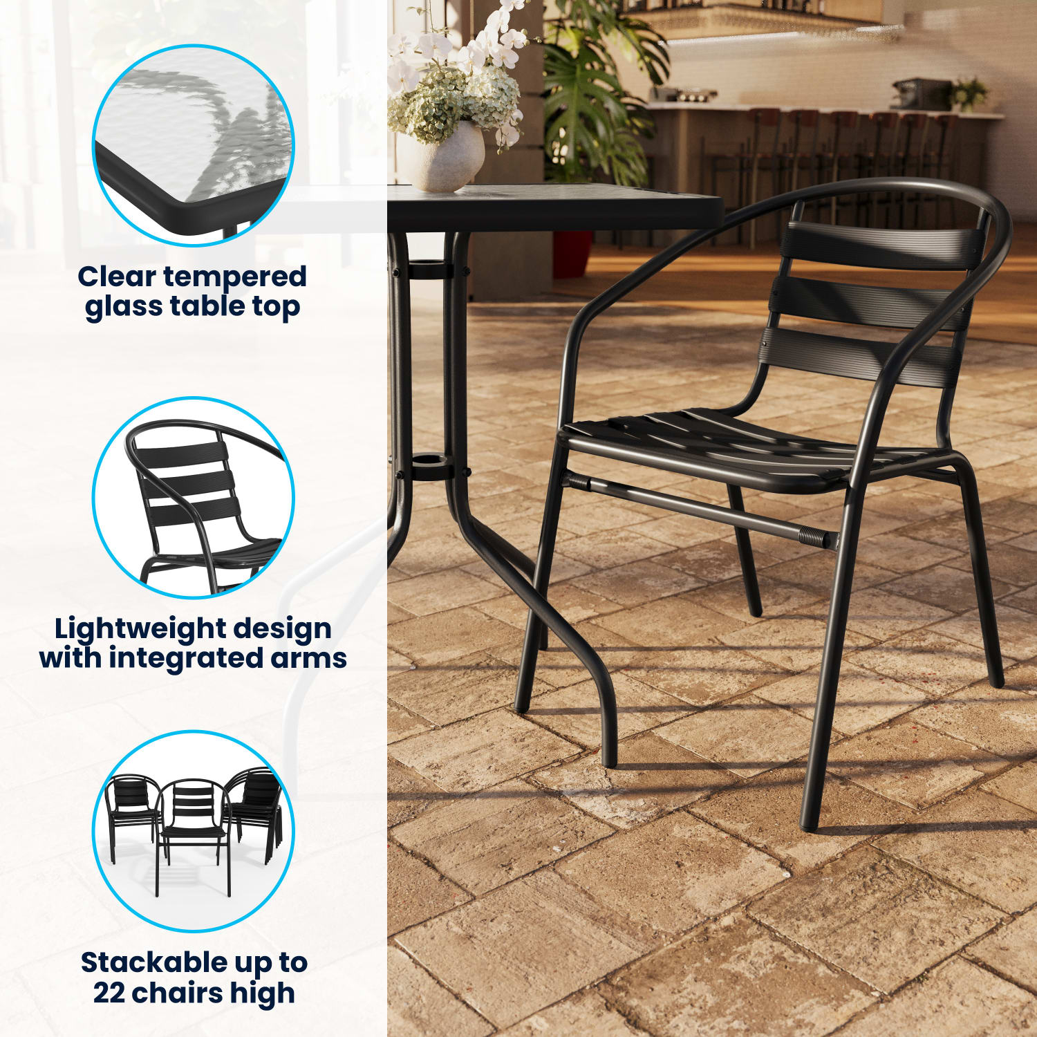Flash Furniture Square Glass/Metal Table With 2 Slat-Back Stacking Chairs, 28in x 23-1/2in, Clear/Black - Image 4