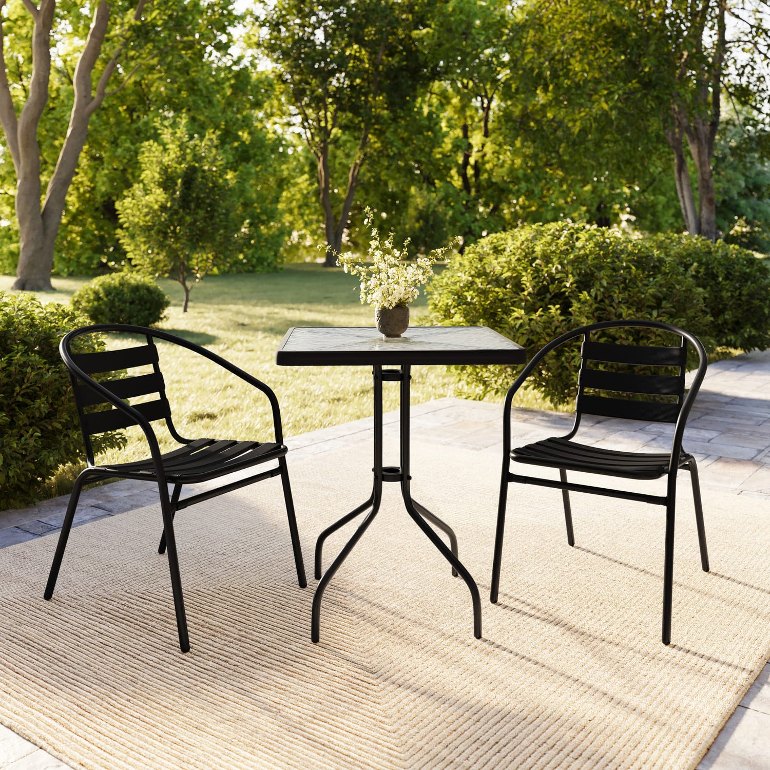 Flash Furniture Square Glass/Metal Table With 2 Slat-Back Stacking Chairs, 28in x 23-1/2in, Clear/Black - Image 6