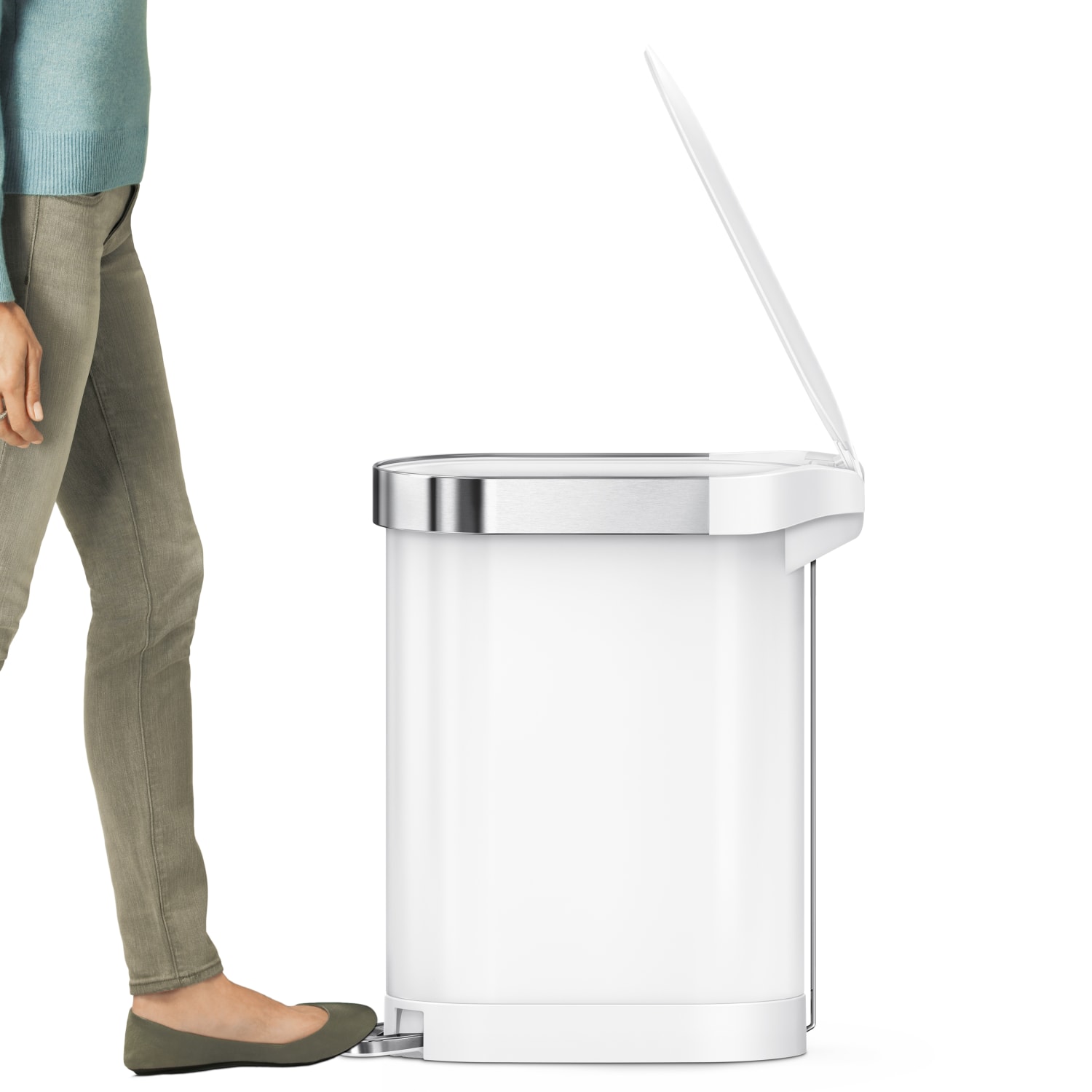 simplehuman Slim Liner Rim Step Trash Can, 12 Gallons, White Steel - Image 3