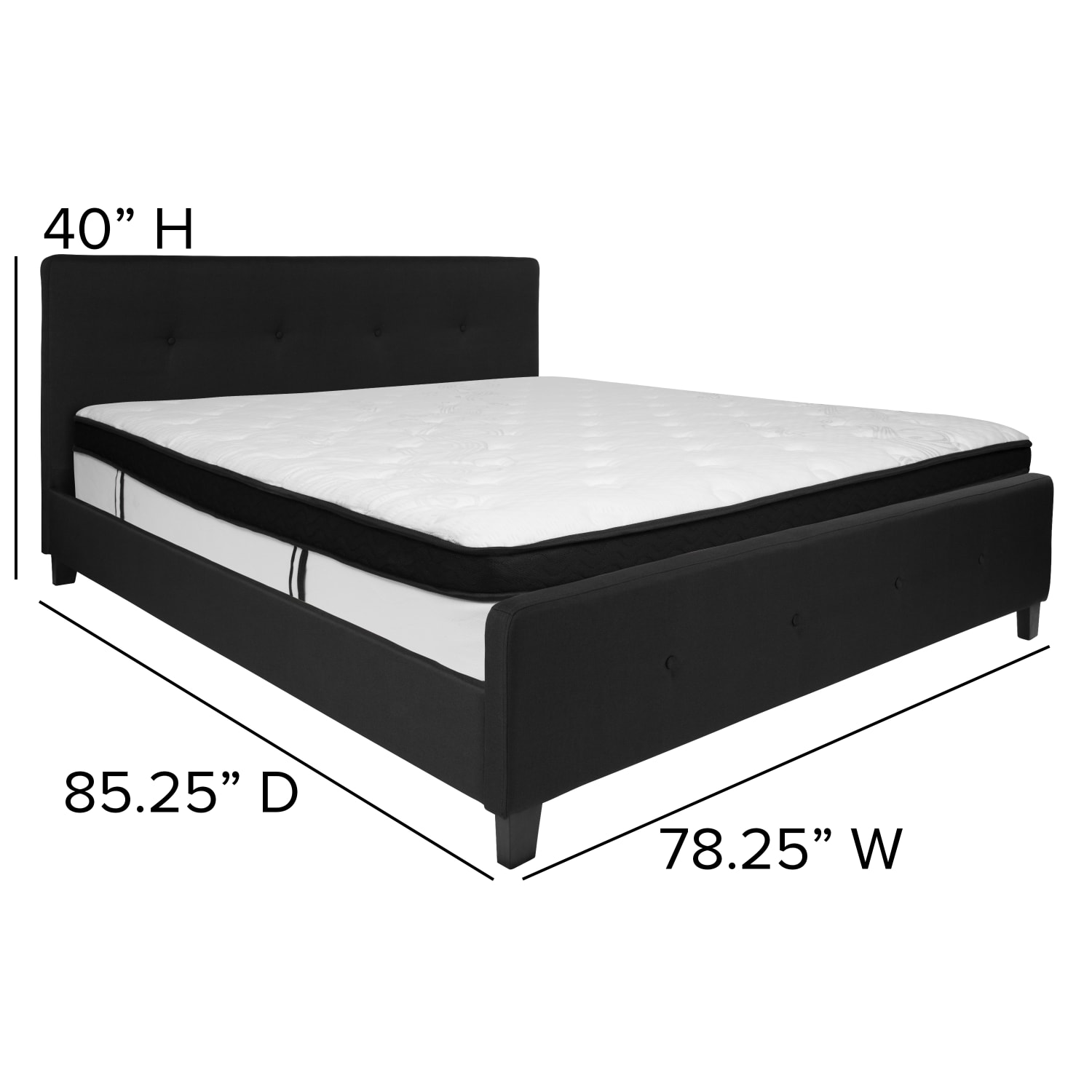 Flash Furniture Tribeca Button Tufted Upholstered Platform Bed with Memory Foam Pocket Spring Mattress, King, 40inH x 78-1/4inW x 85-1/4inL, Black - Image 5