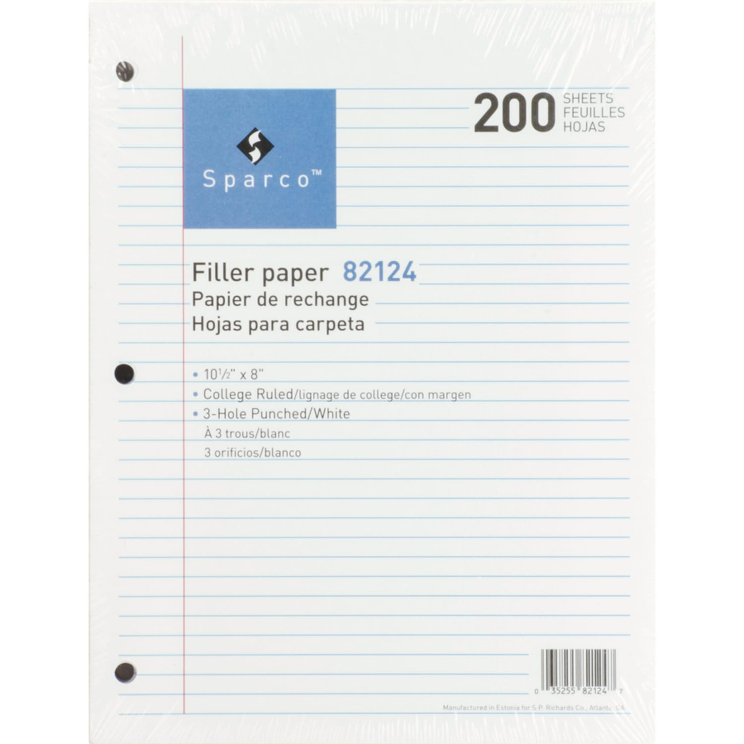 Sparco 3-hole Punched Filler Paper - 2400 Sheets - College Ruled Front Ruling - Ruled Red Margin - 16 lb Basis Weight - 8in x 10 1/2in Sheet Size - White Paper - Bleed-free - 200/Pack - 12 / Bundle - Image 3