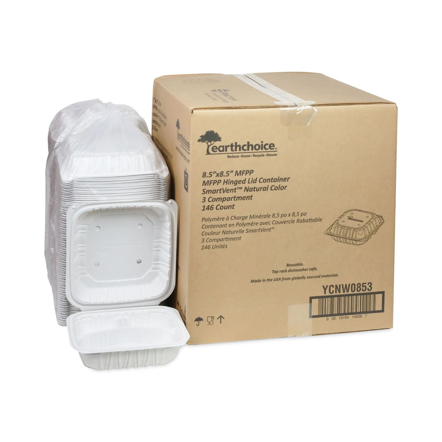 Pactiv Evergreen EarthChoice Vented Microwavable MFPP Hinged Lid Containers, 3-Compartment,  White, Carton Of 146 - YCNW0853 - Image 6