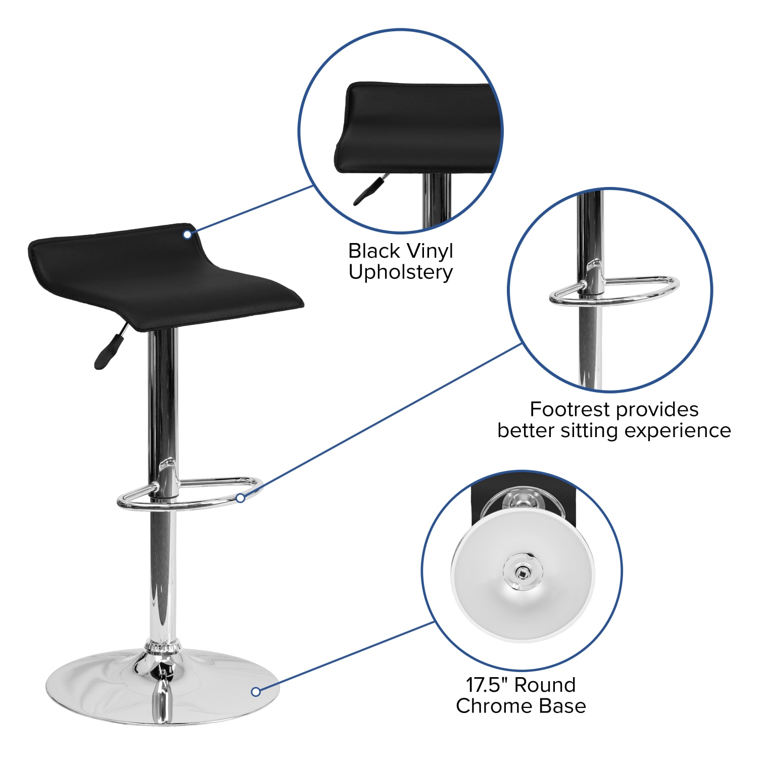Flash Furniture Contemporary Vinyl Adjustable-Height Bar Stool With Solid Wave Seat, Black/Chrome - Image 6