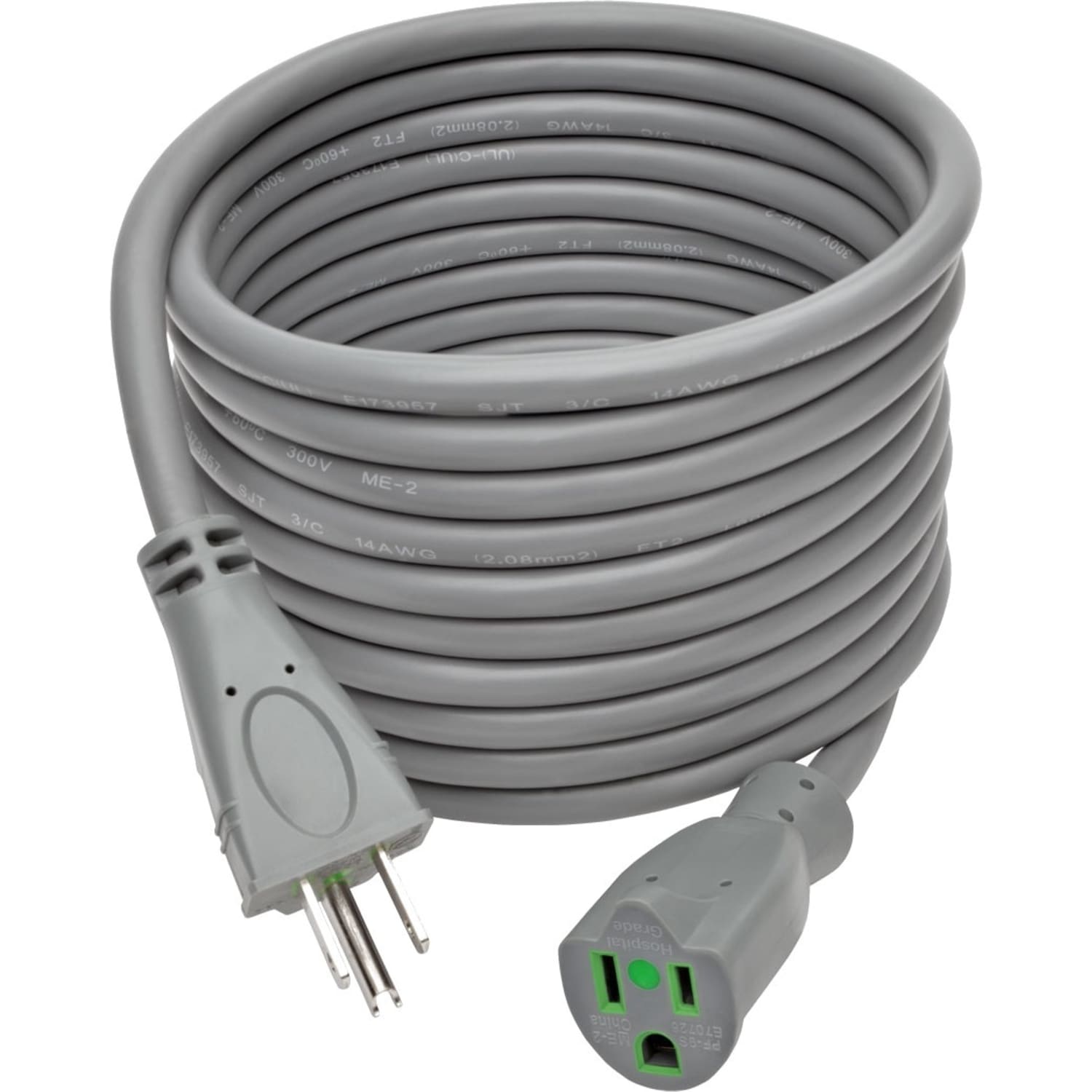 Eaton Tripp Lite Series Hospital-Grade Extension Cord, NEMA 5-15P to NEMA 5-15R - Green Dot, 15A, 125V, 14 AWG, 15 ft. (4.57 m), Gray - P024015GYHG - Image 3