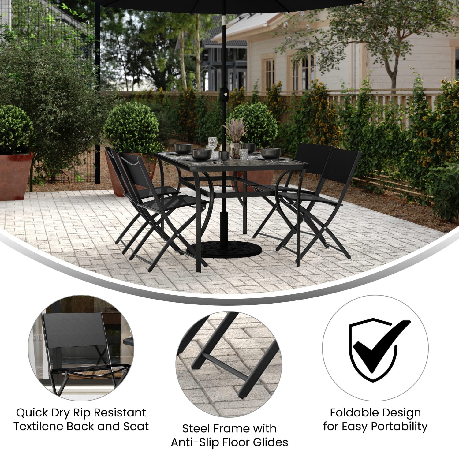 Flash Furniture Brazos Series Outdoor 4pcs Folding Chair with Flex Comfort Material and Metal Frame, Black - Image 5