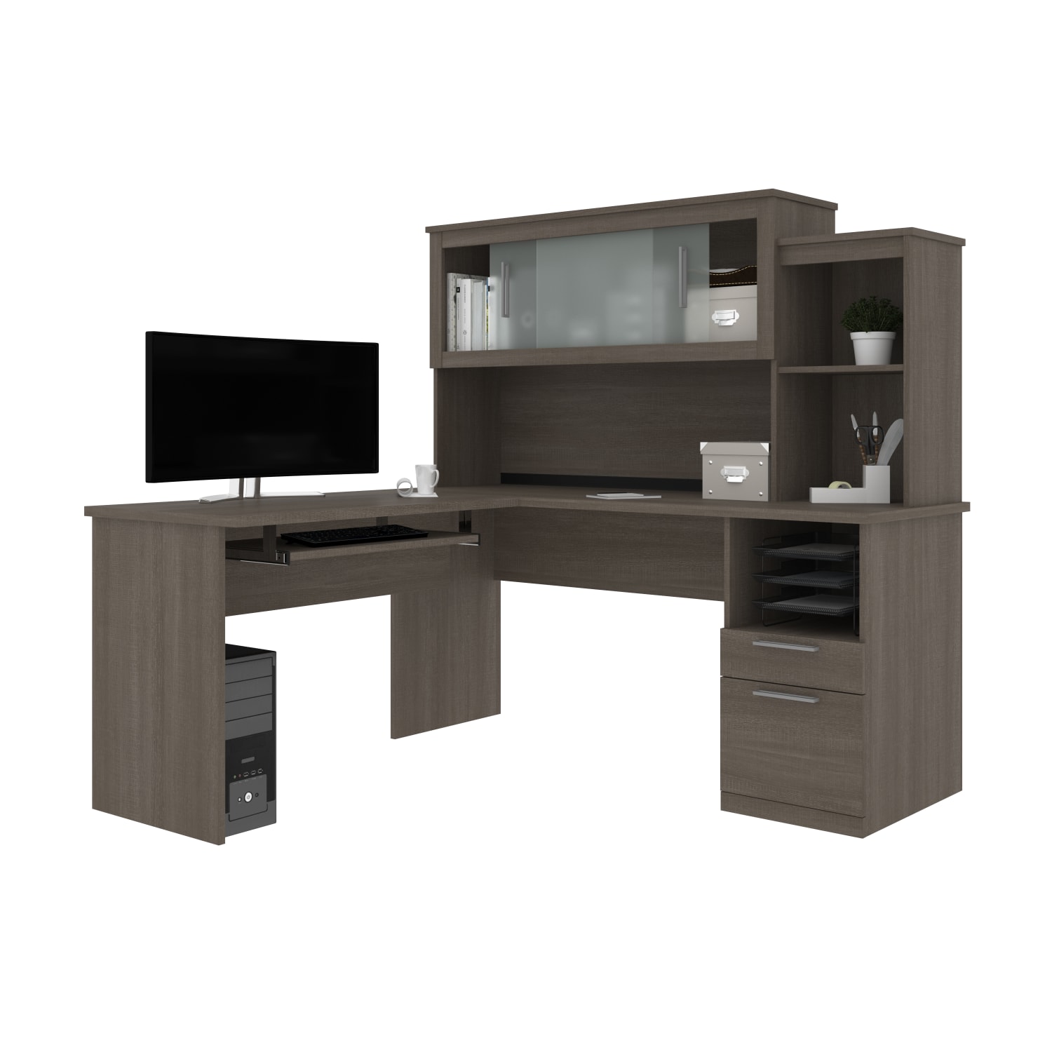 Bestar Dayton 63inW L-Shaped Corner Desk With Hutch, Bark Gray - Image 4