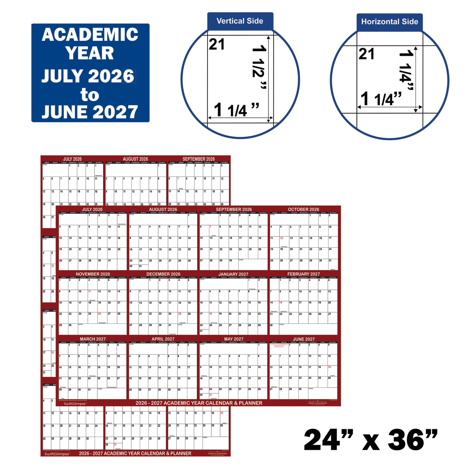 2026-2027 SwiftGlimpse Academic Monthly Wall Calendar, 36in x 24in, Maroon/White, July To June, Total Qty 1 - Image 3