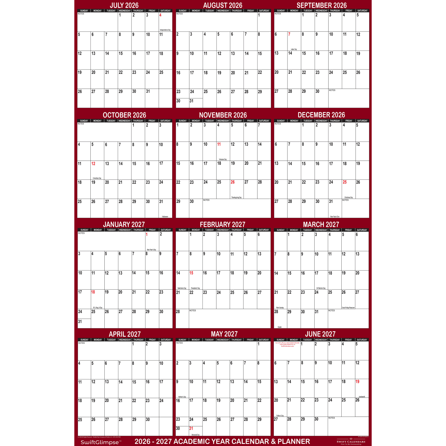 2026-2027 SwiftGlimpse Academic Monthly Wall Calendar, 36in x 24in, Maroon/White, July To June, Total Qty 1 - Image 5
