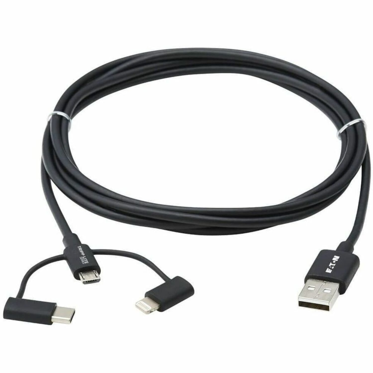 Tripp Lite USB-A to Lightning, USB Micro-B and USB-C Sync/Charge Cable, Black, 6 ft. - First End: 1 x Type A Male USB - Second End: 1 x Type C Male USB, Second End: 1 x Type B Male Micro USB, Second End: 1 x Lightning Male Proprietary Connector - Image 3