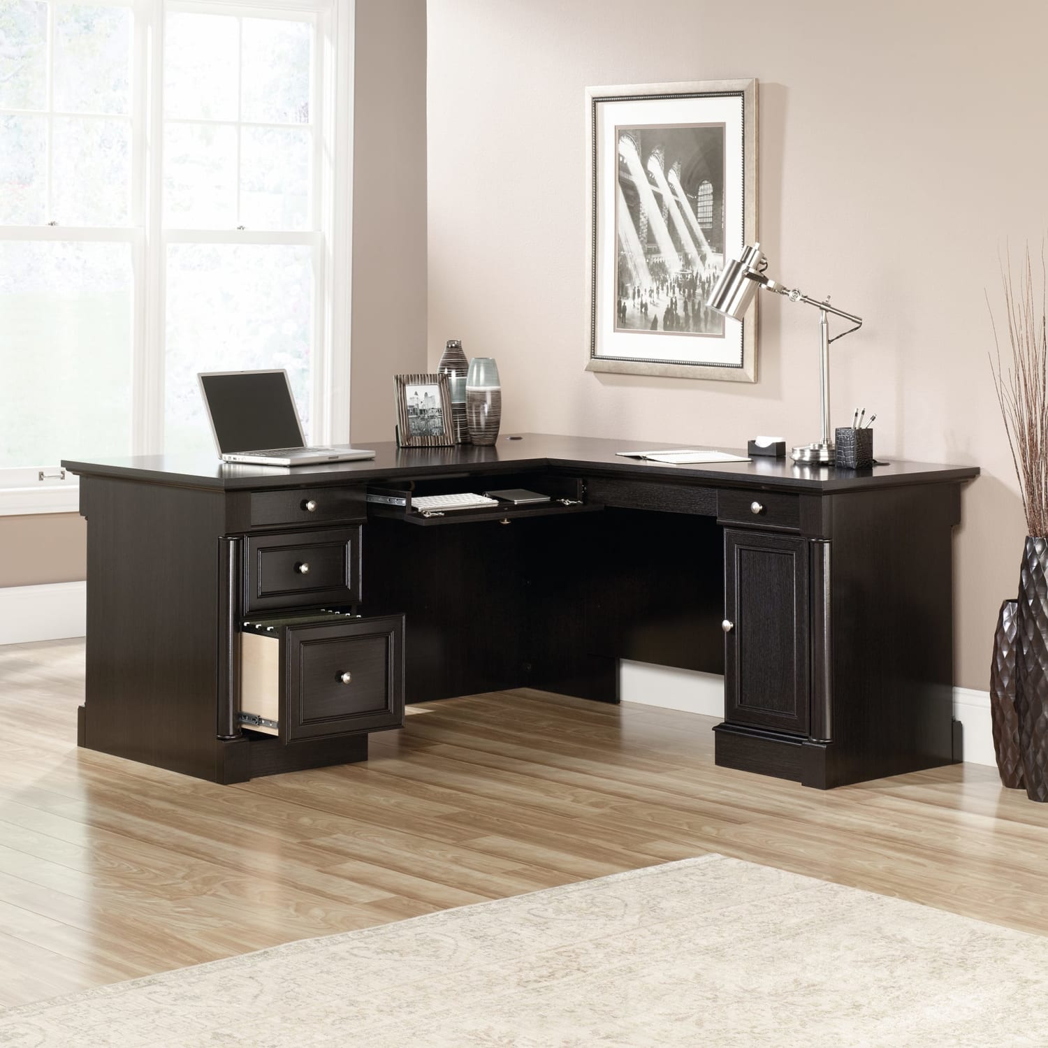 Sauder Palladia 66inW L-Shaped Corner Desk, Wind Oak