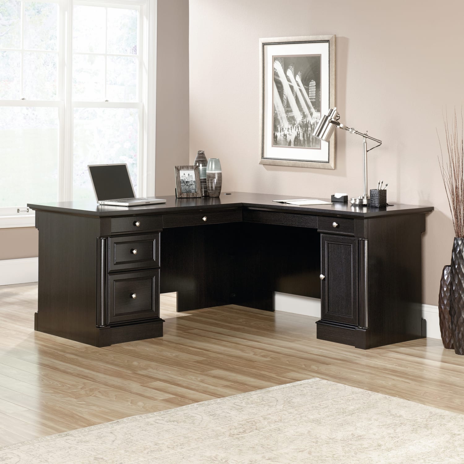 Sauder Palladia 66inW L-Shaped Corner Desk, Wind Oak - Image 6