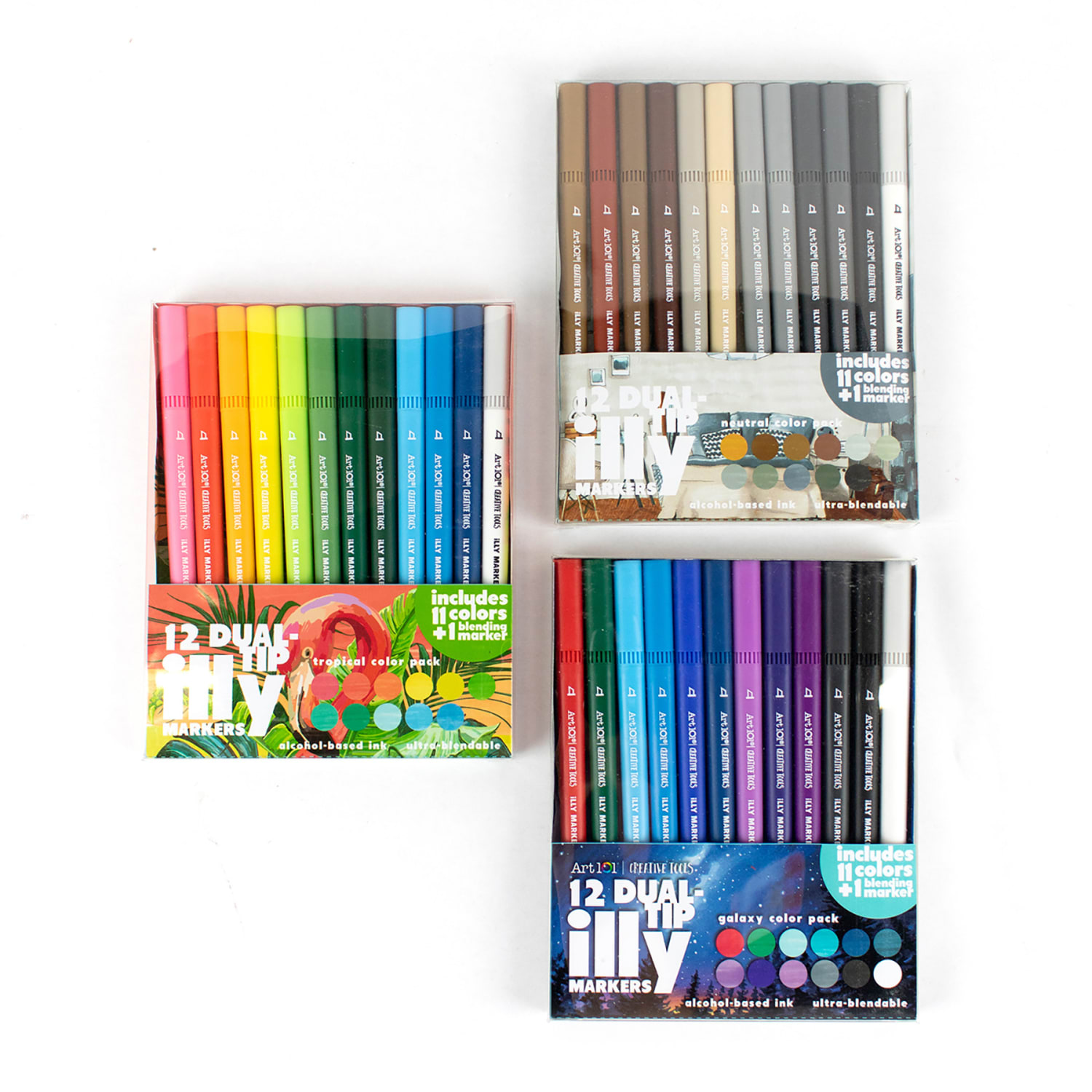 Art 101 Watercolor Brush Pens, Brush Point, 3 Packs, Black Barrels, Assorted Inks, Set Of 24 Pens