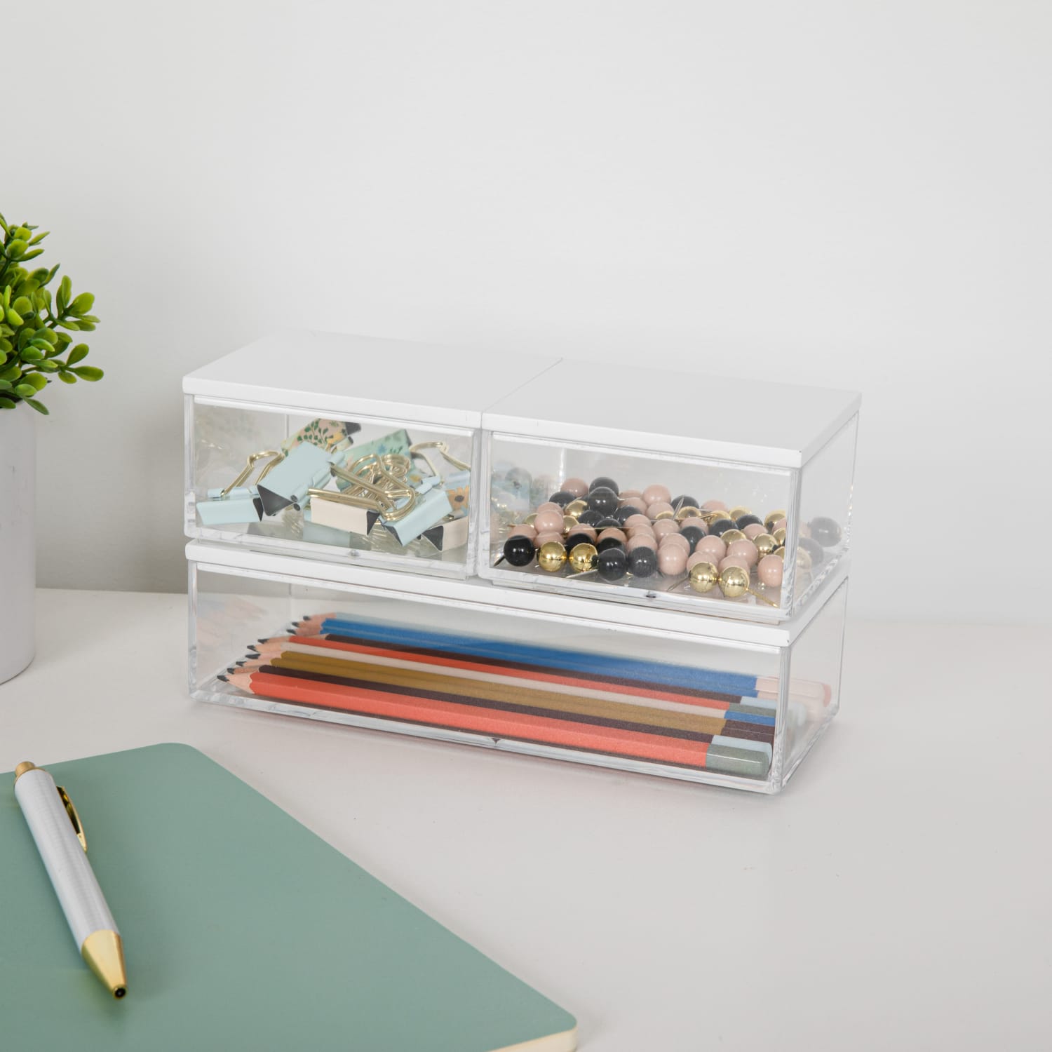 Martha Stewart Brody Plastic Storage Organizer Bins With Lids, 2inH x 3inW x 7-1/2inD, Clear/White, Set Of 3 Bins - Image 3