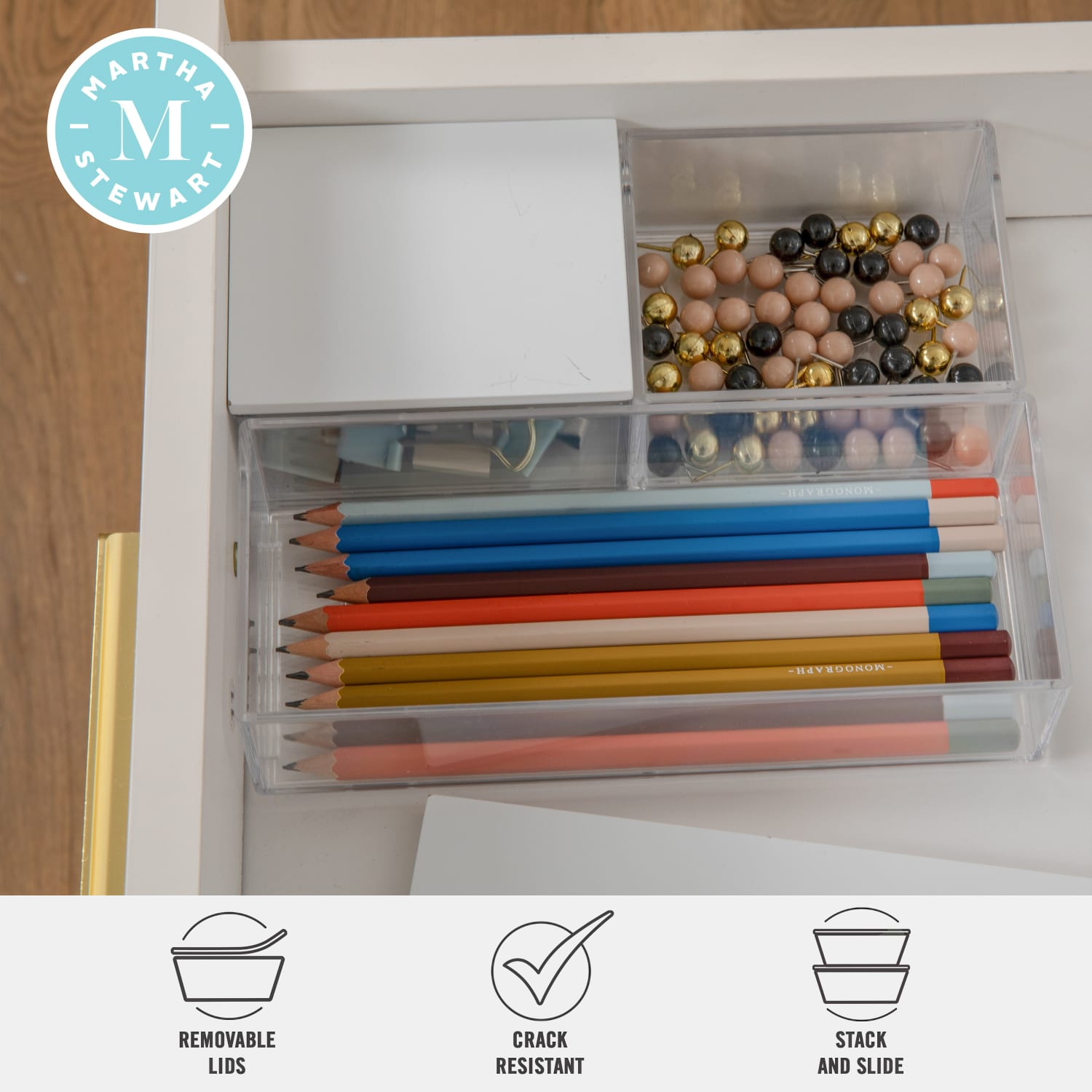 Martha Stewart Brody Plastic Storage Organizer Bins With Lids, 2inH x 3inW x 7-1/2inD, Clear/White, Set Of 3 Bins - Image 4
