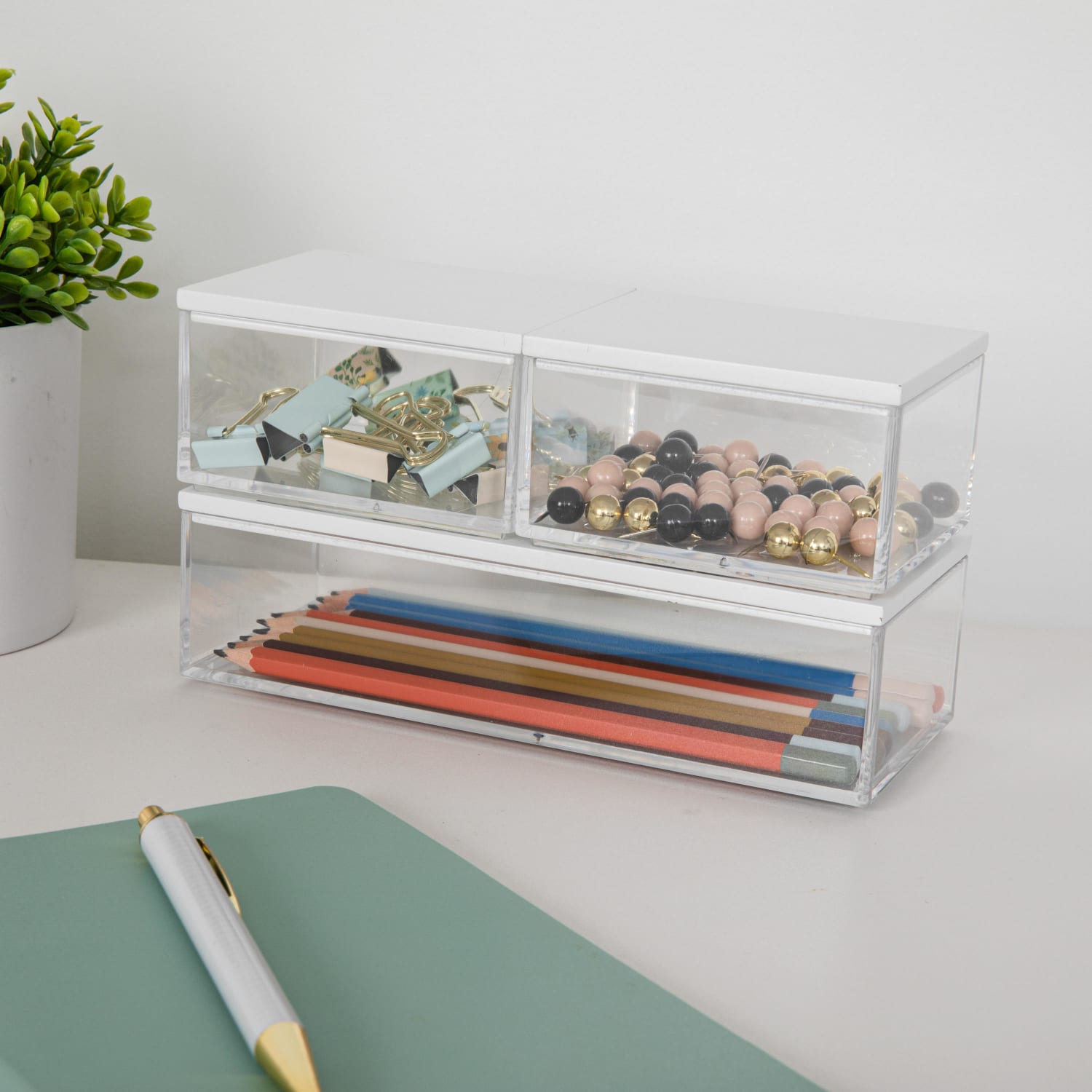 Martha Stewart Brody Plastic Storage Organizer Bins With Lids, 2inH x 3inW x 7-1/2inD, Clear/White, Set Of 3 Bins - Image 6