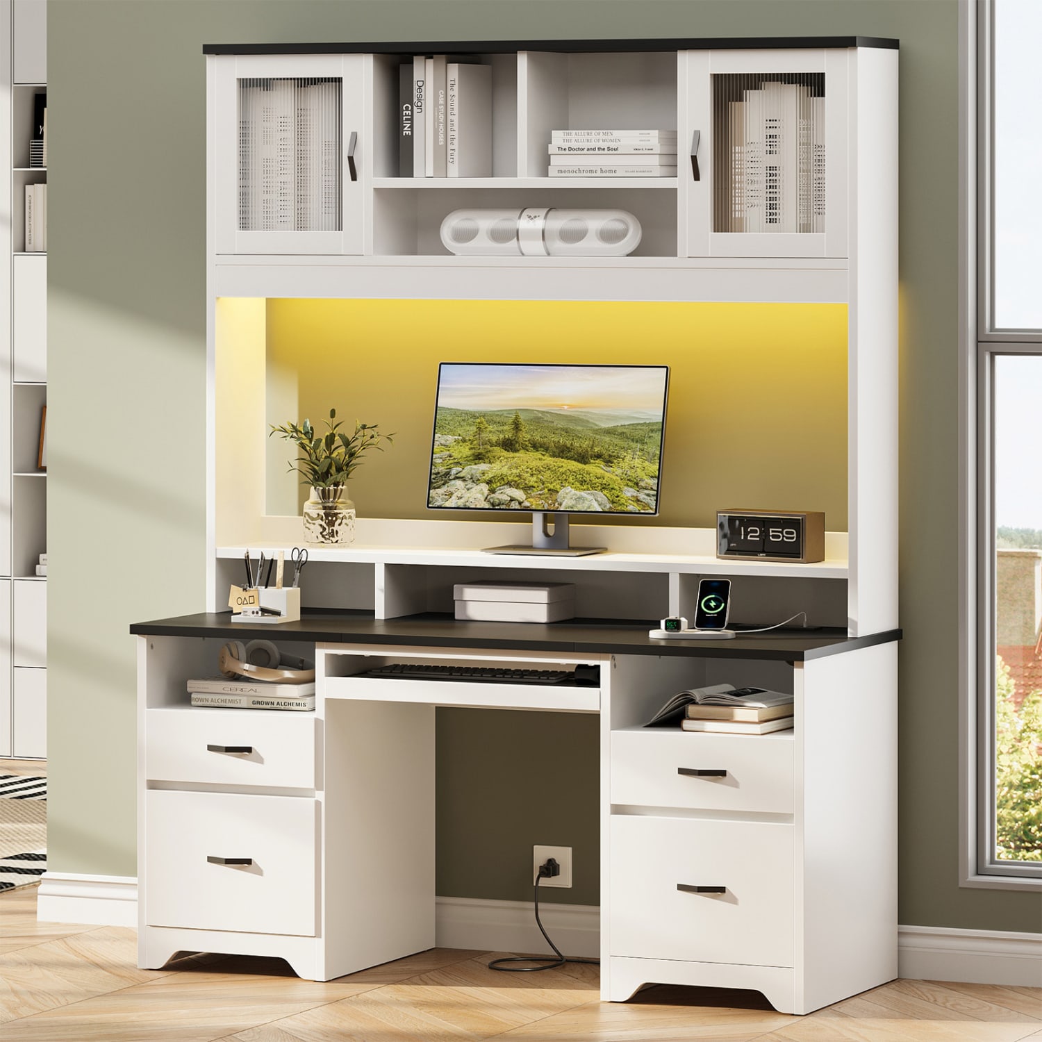 Bestier 59inW Rectangular Executive Ergonomic Computer Desk, Black/White