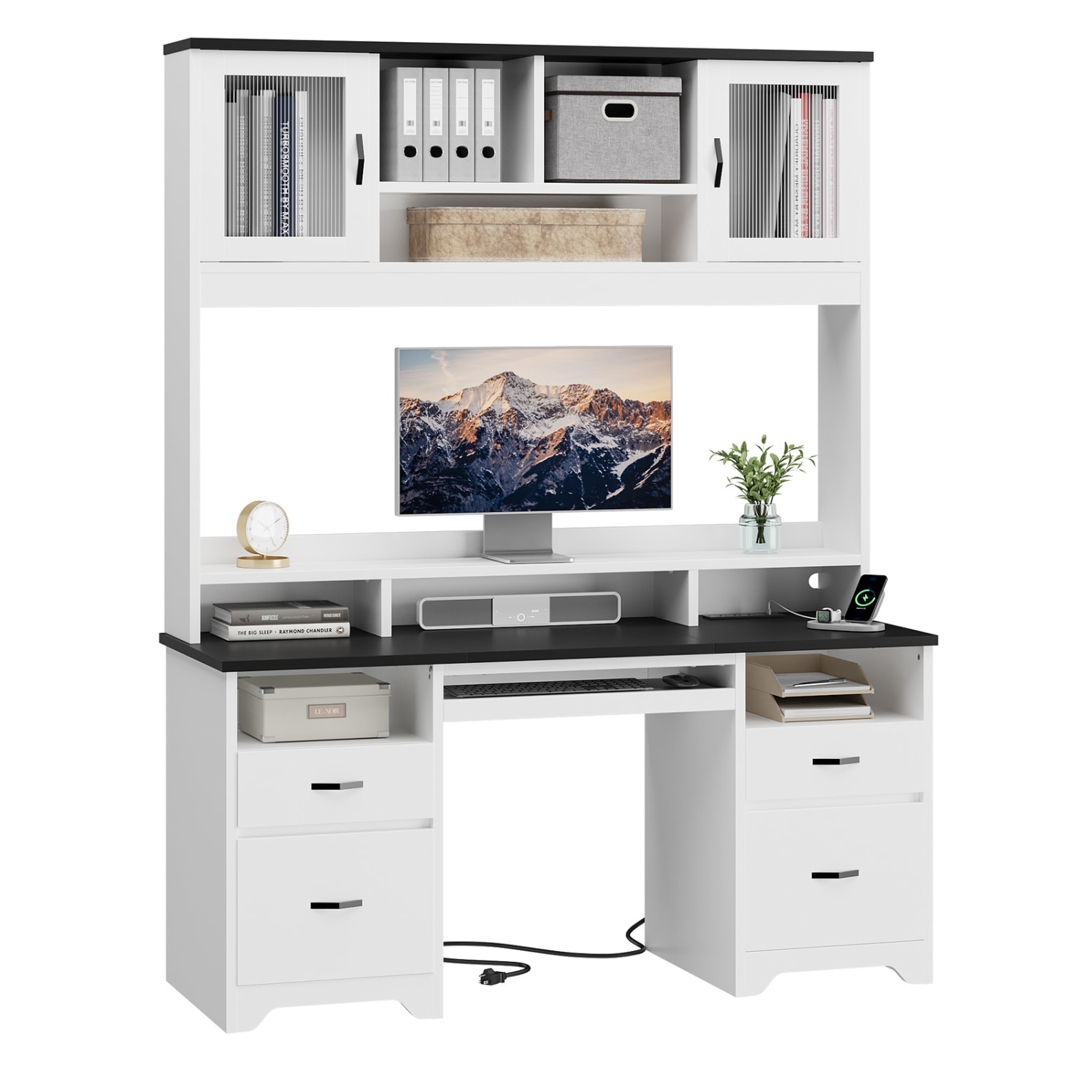 Bestier 59inW Rectangular Executive Ergonomic Computer Desk, Black/White - Image 3