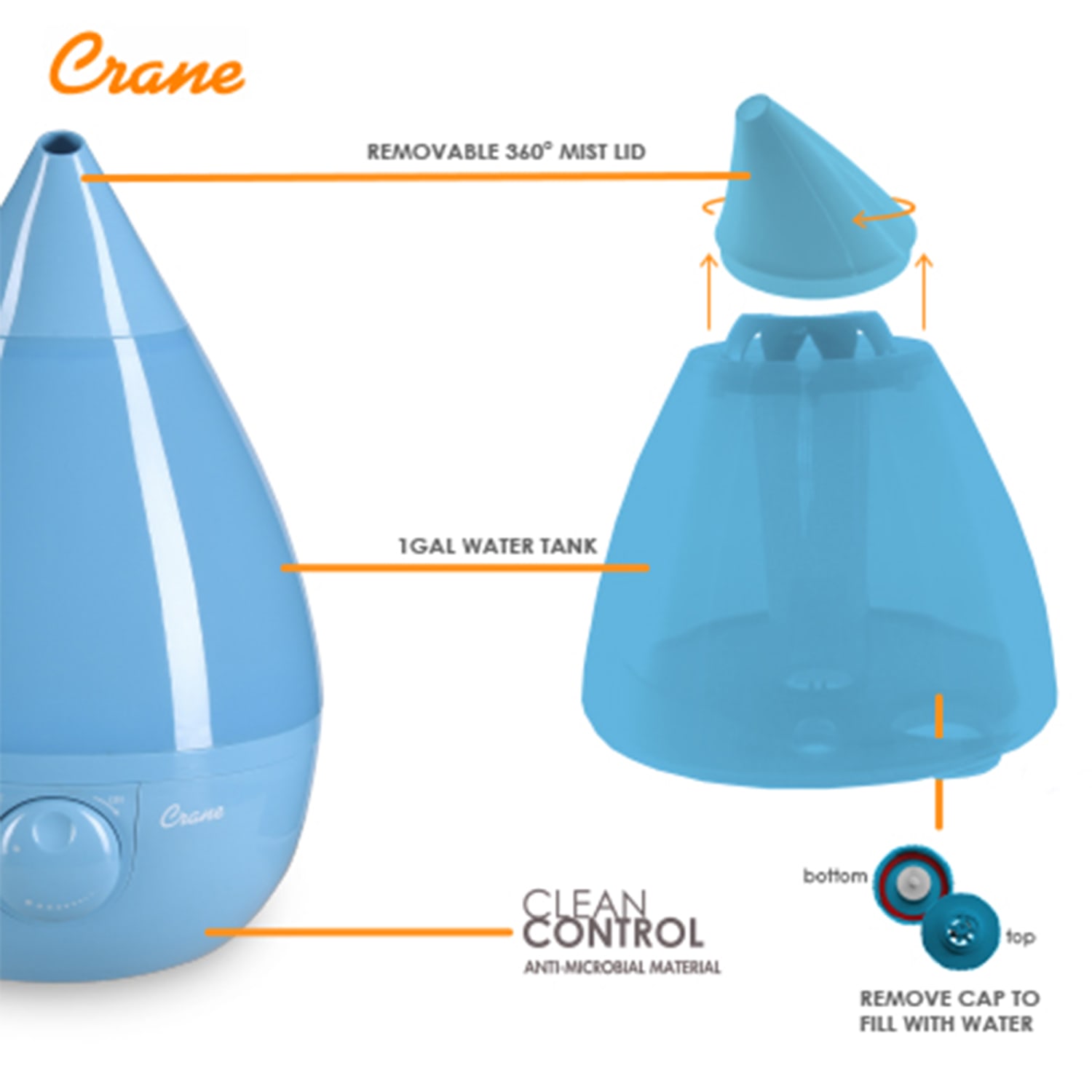 Crane Drop Ultrasonic Cool Mist Humidifier, 8 5/8inH x 8 5/8inW x 13 3/8inD, Aqua - Image 5
