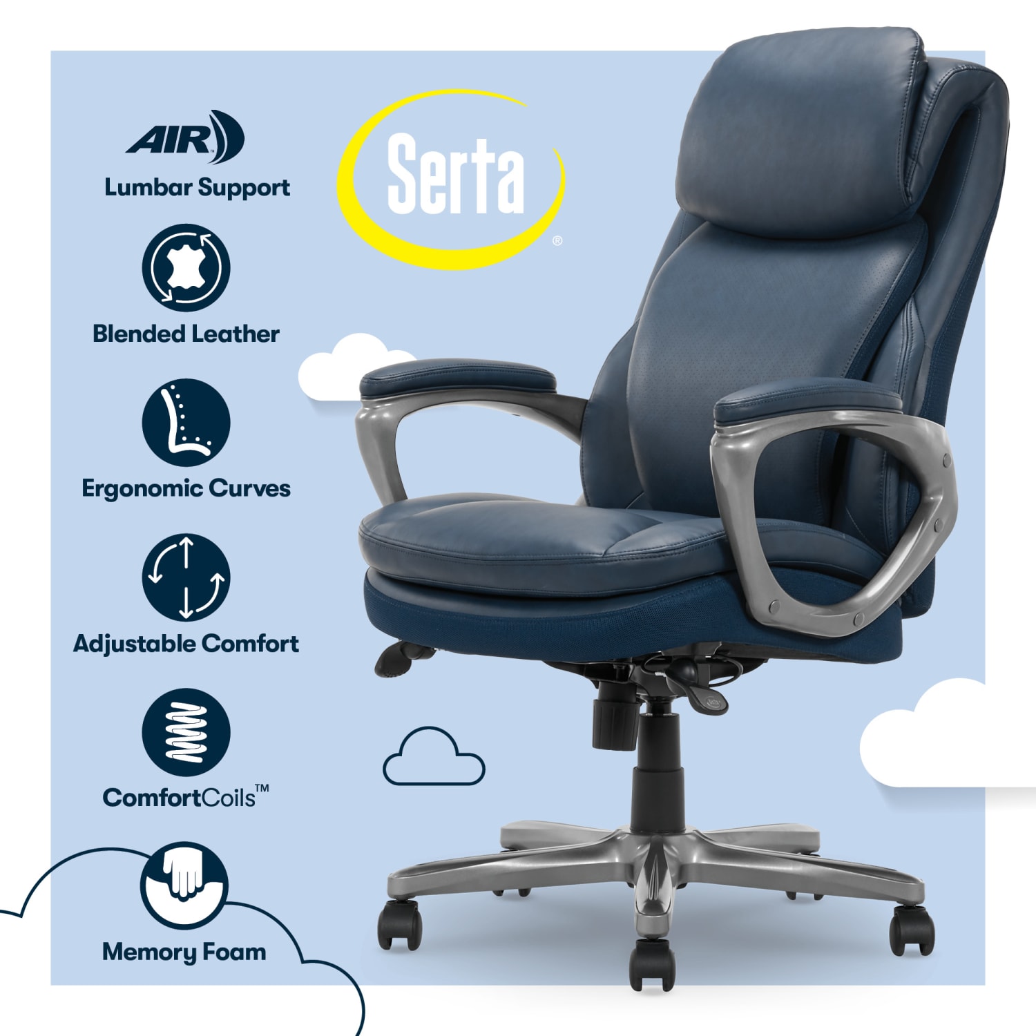 Serta Smart Layers Arlington AIR Ergonomic Bonded Leather HighBack Executive Chair NavySilver PopularChairscom Serta Smart Layers Arlington AIR Ergonomic Bonded Leather High Back Executive Chair NavySilver PopularChairscom