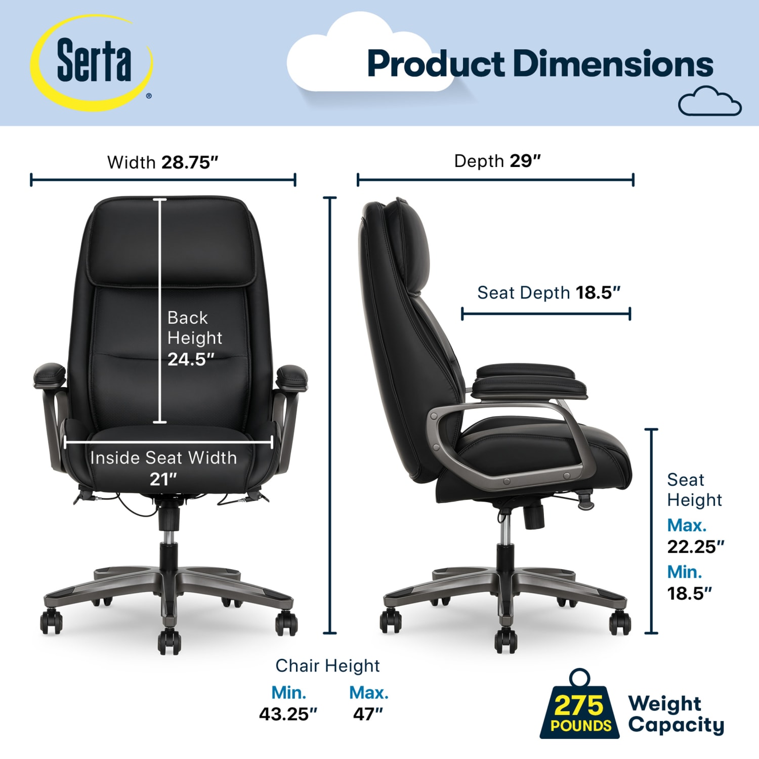 Serta® SmartLayers™ Mosby Ergonomic Vegan Leather High-Back Executive Office Chair, Black/Dark Gray, BIFMA Compliant - Image 3