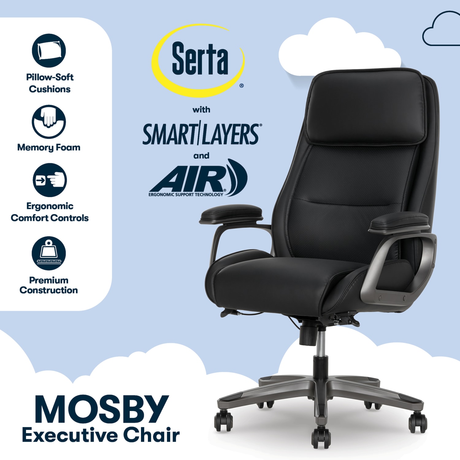 Serta® SmartLayers™ Mosby Ergonomic Vegan Leather High-Back Executive Office Chair, Black/Dark Gray, BIFMA Compliant - Image 4