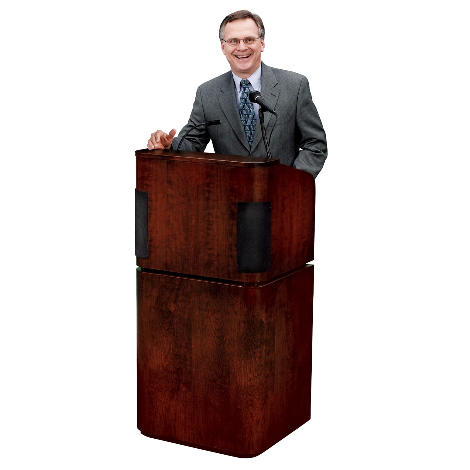 Oklahoma Sound Tabletop & Base Combo Sound Lectern With Tie Clip/Lavalier Wireless Microphone, Mahogany On Walnut - Image 3