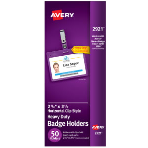 Avery Secure Top Badge Holders, For 2 1/4in x 3 1/2in Badge, Landscape With Clip, Clear, Box Of 50