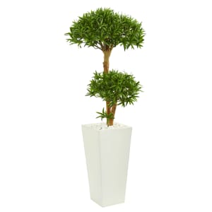 Nearly Natural Bonsai-Styled Podocarpus 50in Artificial Tree With Tower Planter, Green/White