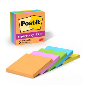 Post-it Super Sticky Notes, 5 Pads, 3 in x 3 in, 2x the Sticking Power, School Supplies and Office Products, Sticky Notes  - 6545SSUC