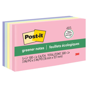 Post-it Greener Notes, 5 Pads, 3 in x 5 in, Clean Removal, School Supplies and Office Products, Sticky Notes  - 655RPA