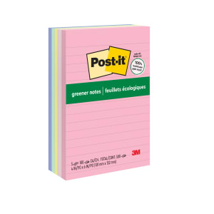 Post-it Greener Notes, 4 in x 6 in, 5 Pads, 100 Sheets/Pad, Lined, Clean Removal, School Supplies and Office Products, Sticky Notes for Surfaces