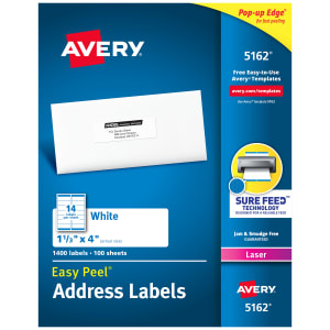 Avery Easy Peel Address Labels With Sure Feed Technology, 5162, Rectangle, 1-1/3in x 4in, Matte White, Box Of 1,400