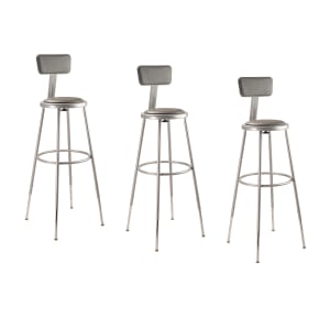 National Public Seating Adjustable Vinyl-Padded Stools With Backrest, 32in-39in, Gray seat/Grey Frame, Set of 3