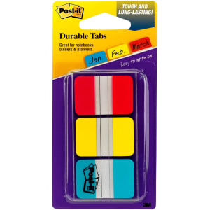 Post-it Durable Tabs - 36 Write-on Tab(s) - 1.50in Tab x 1in Tab- Red, Yellow, Blue Tab(s) - Wear Resistant, Tear Resistant, Repositionable - 36 / Pack