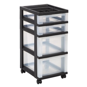 Office Depot Brand Plastic 4-Drawer Storage Cart, 26 7/16in x 12 1/16in x 14 1/4in, Black
