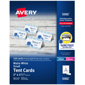 Avery Printable Small Tent Cards With Sure Feed Technology, 2in x 3.5in, White, 160 Blank Place Cards