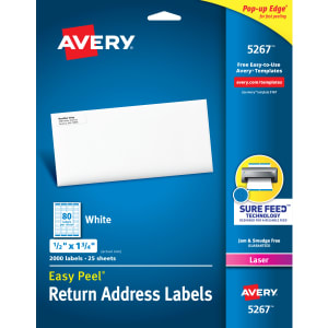 Avery Easy Peel Address Labels With Sure Feed Technology, 5267, Rectangle, 1/2in x 1-3/4in, Matte White, Pack Of 2,000
