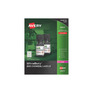 Avery UltraDuty GHS Chemical Labels, 60517, For Laser Printers, 1in x 2 1/2in, White, Pack Of 600